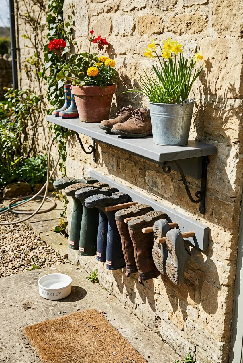 An outdoor grey wooden boot rack on a stone wall holding garden boots upside down.