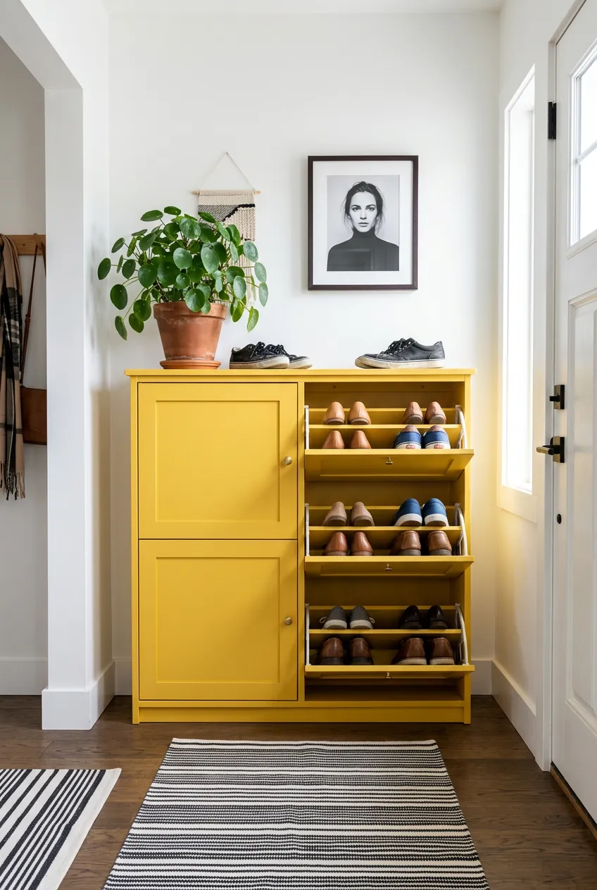 A bright yellow shoe cabinet with several open pull-down racks against a white wall.