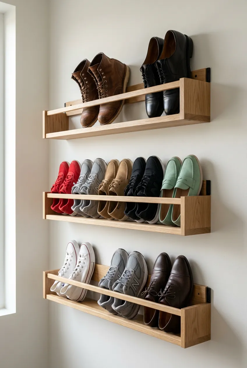 A low-angle view of three level oak wood wall racks with metal arms securing different types of footwear.