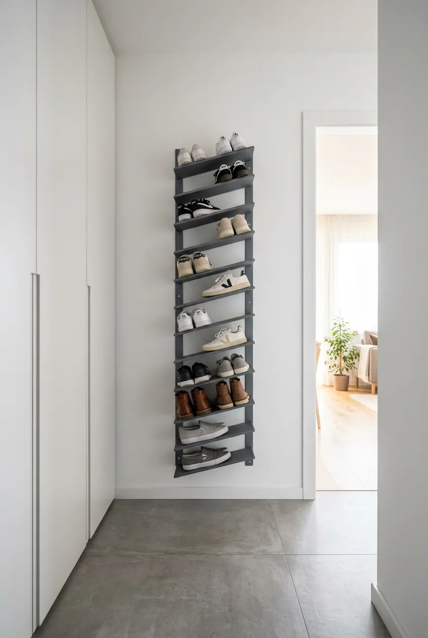 A tall, thin grey metal wall-mounted shoe rack with fifteen slanted tiers in a minimalist white hallway.