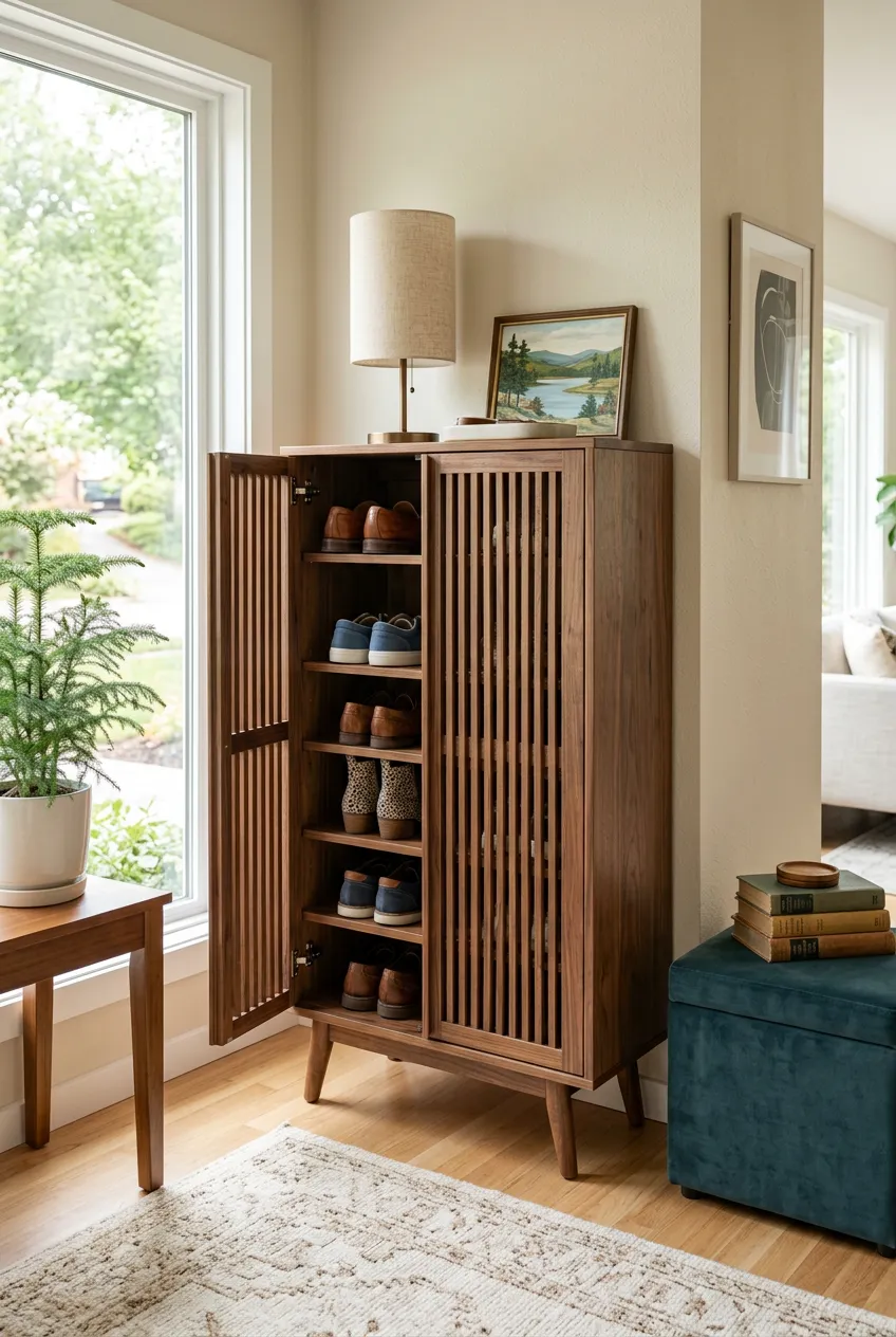 A tall walnut wood cabinet with tapered legs and slatted sliding doors in a modern living room.