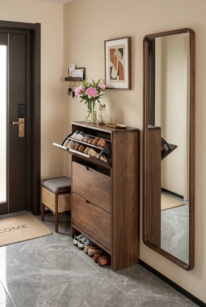 An angled view of a slim walnut shoe cabinet with four pull-down drawers reflecting in a large wall mirror.