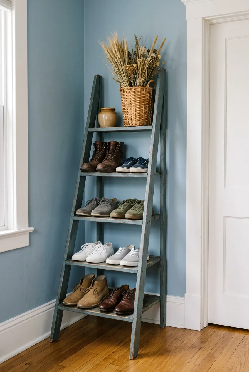 A five-tier A-frame ladder bookshelf painted teal being used as a shoe rack in a corner.