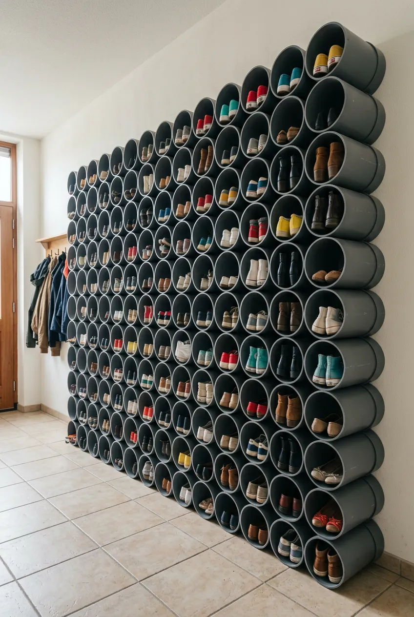 A floor-to-ceiling shoe organizer made from horizontally stacked gray PVC pipes against a white wall.