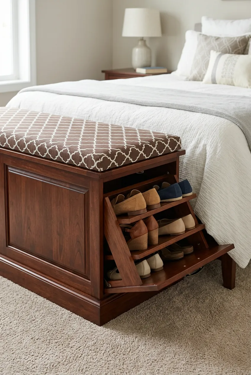 A mahogany-stained end-of-bed bench with a padded cushion and a tilt-out shoe storage compartment.