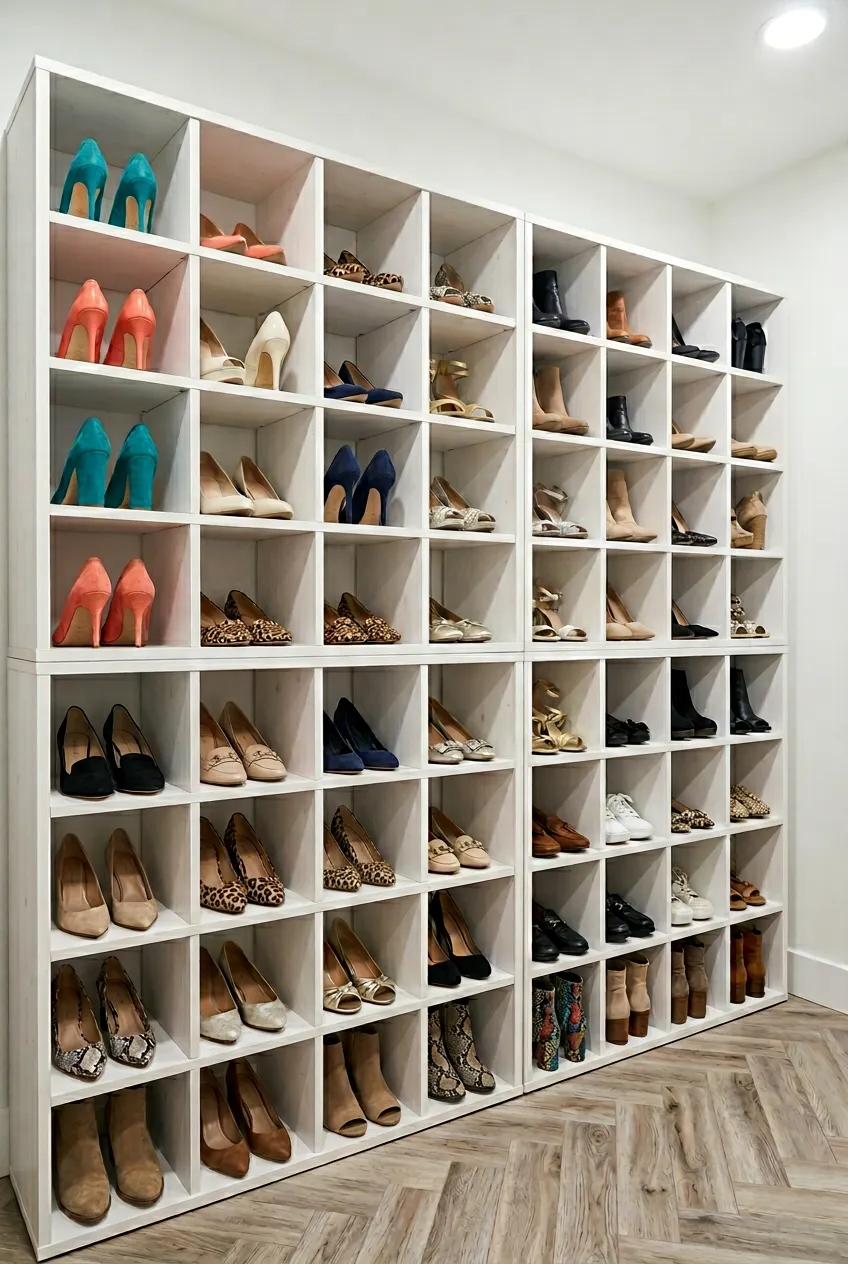 A close-up of modular white cubby shelving units filled with a variety of colorful women's shoes.