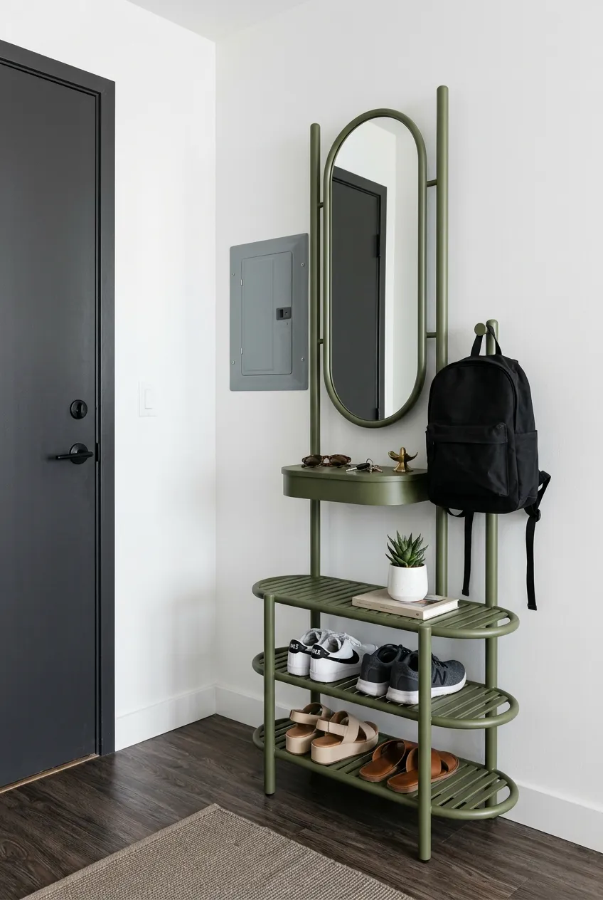 An olive green entryway unit with a tall oval mirror, key shelf, and three-tier shoe rack below.