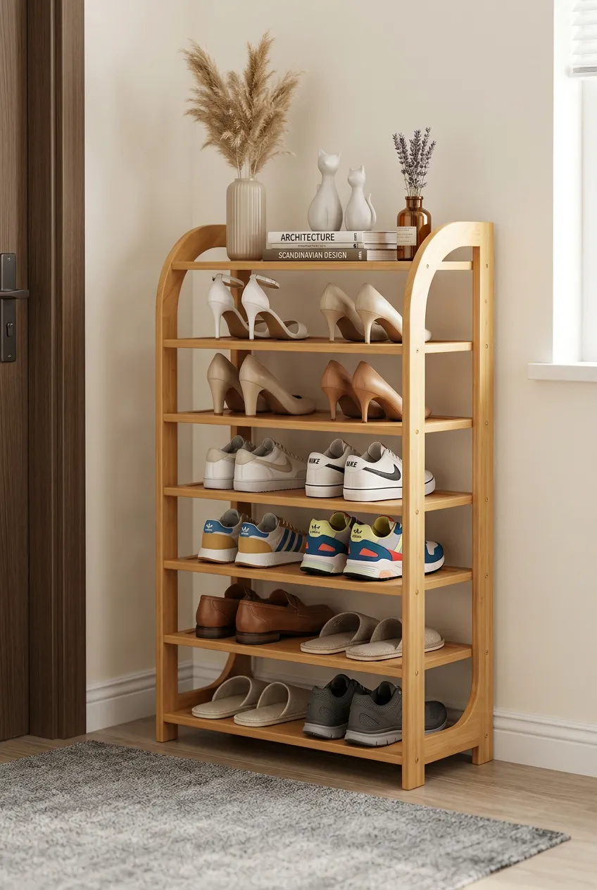 A light wood 7-tier bamboo shoe rack with rounded edges and decorative items on the top shelf.