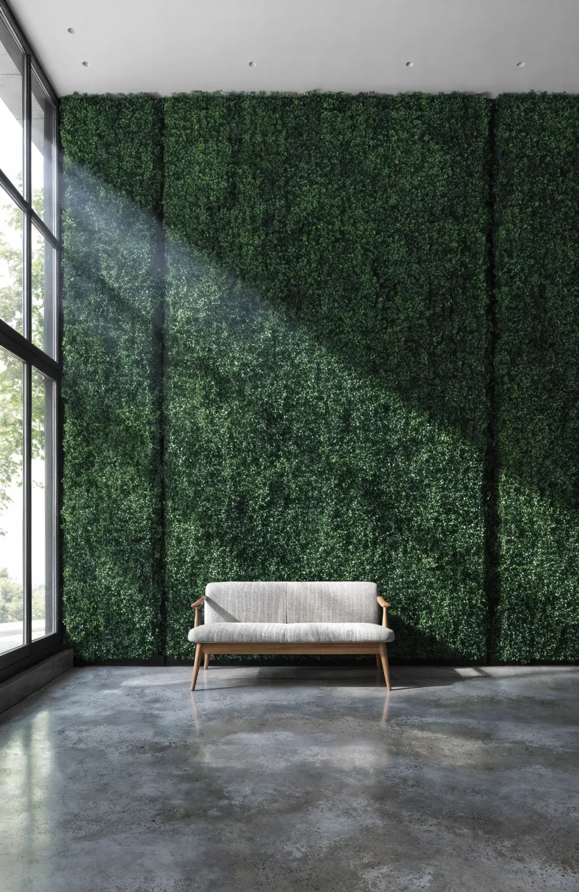 A full-length wall covered in dense green artificial boxwood panels in a modern living room.