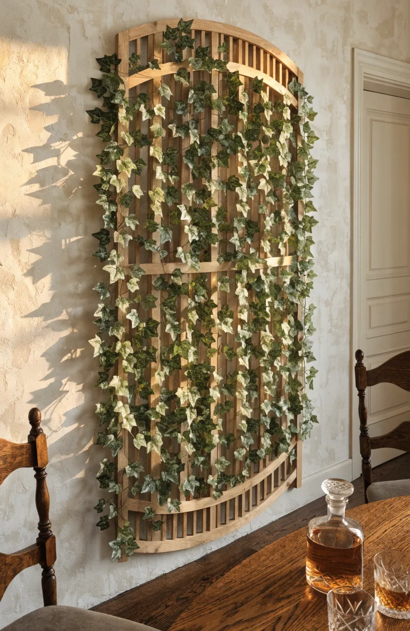 Artificial ivy vines cascading down a wooden trellis frame on a dining room wall.
