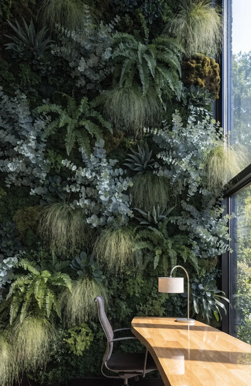 A lush indoor wall featuring a mix of artificial ferns, eucalyptus, and grasses.