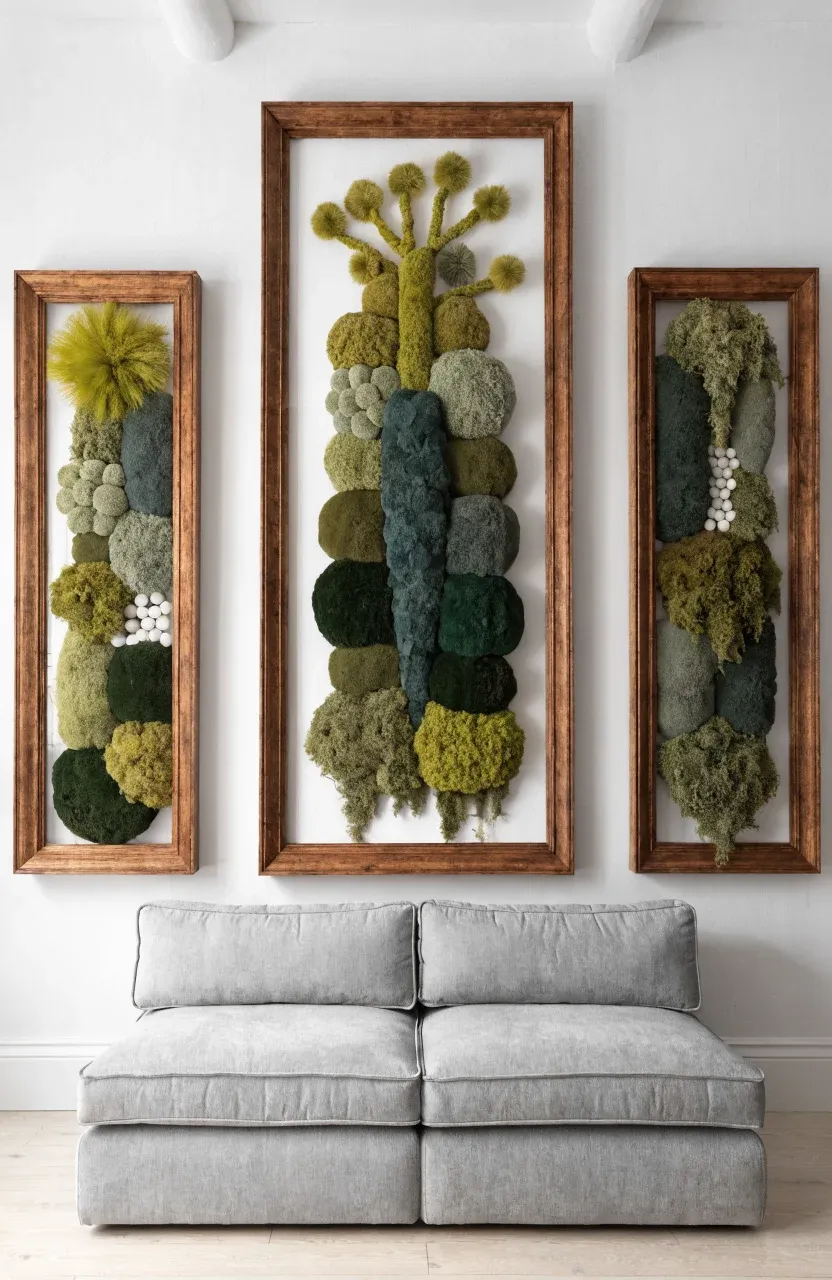 Three wooden frames containing green moss art hanging on a white wall above a sofa.