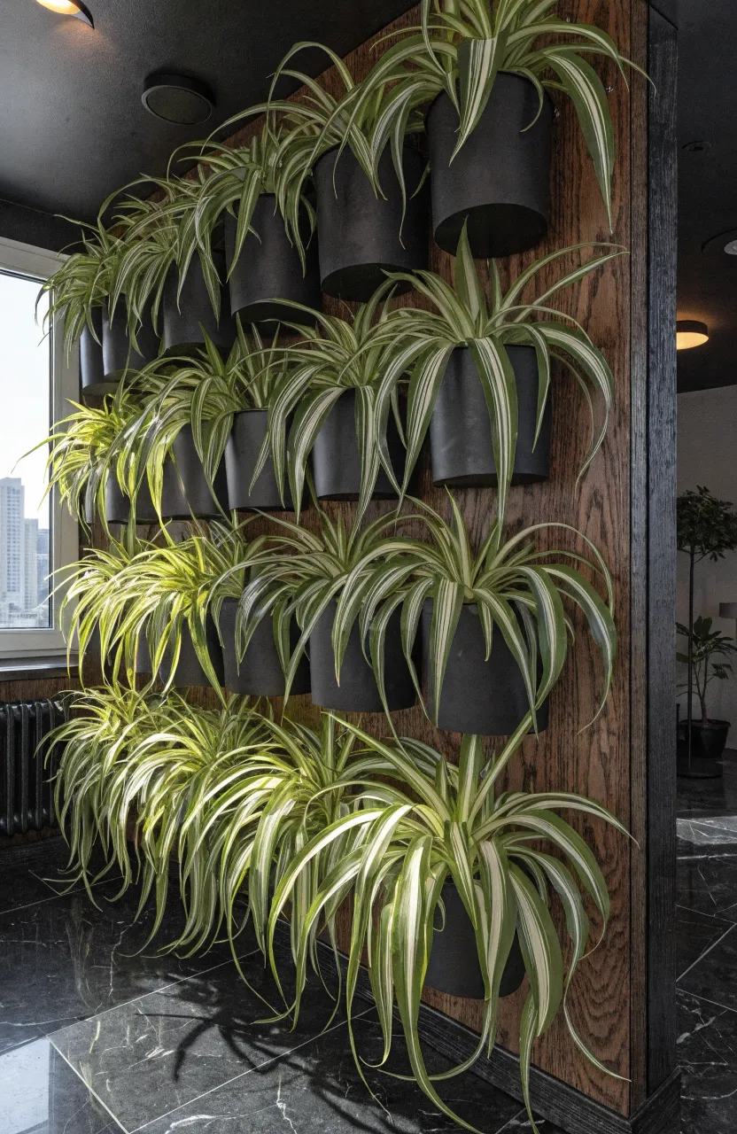 Vertical wall-mounted black pots with silk spider plants featuring long arching leaves.