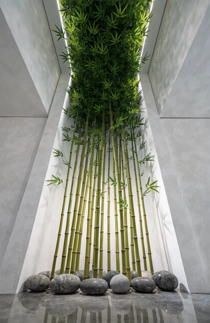 Tall artificial bamboo stems in a white recessed wall niche with gray stones at the base.