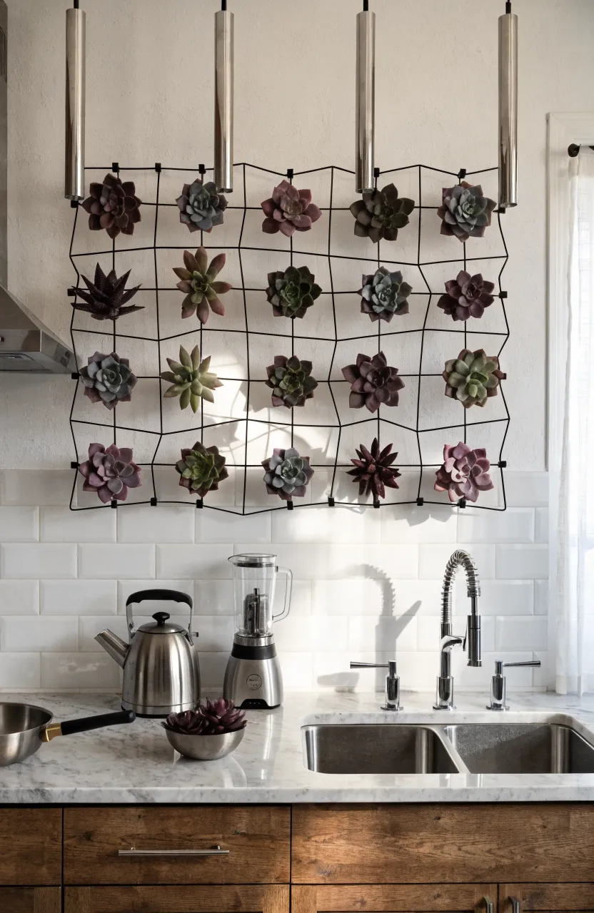 A black wire wall grid in a kitchen holding various small artificial succulent plants.