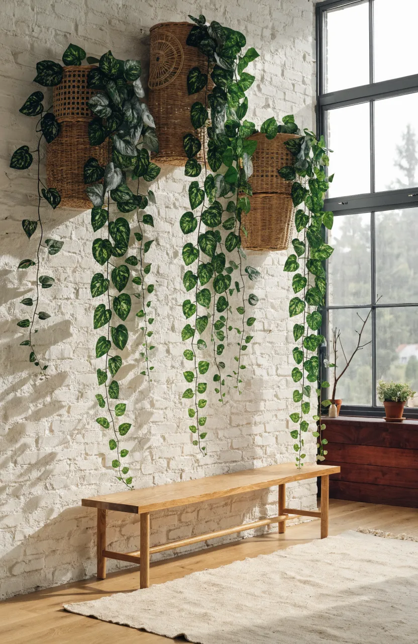 Woven wicker baskets with trailing artificial pothos plants on a white brick indoor wall.
