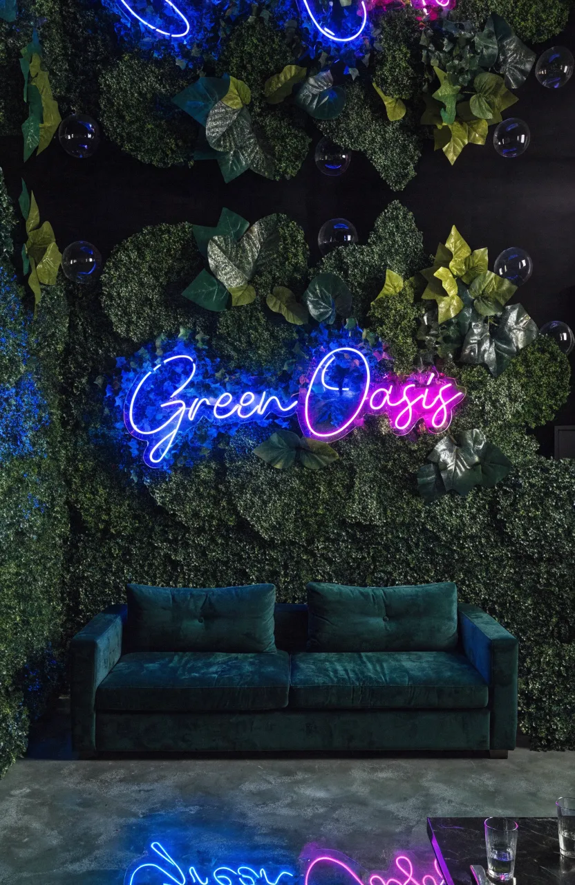 A vibrant neon sign glowing against a dense backdrop of artificial green leaves in a modern room.