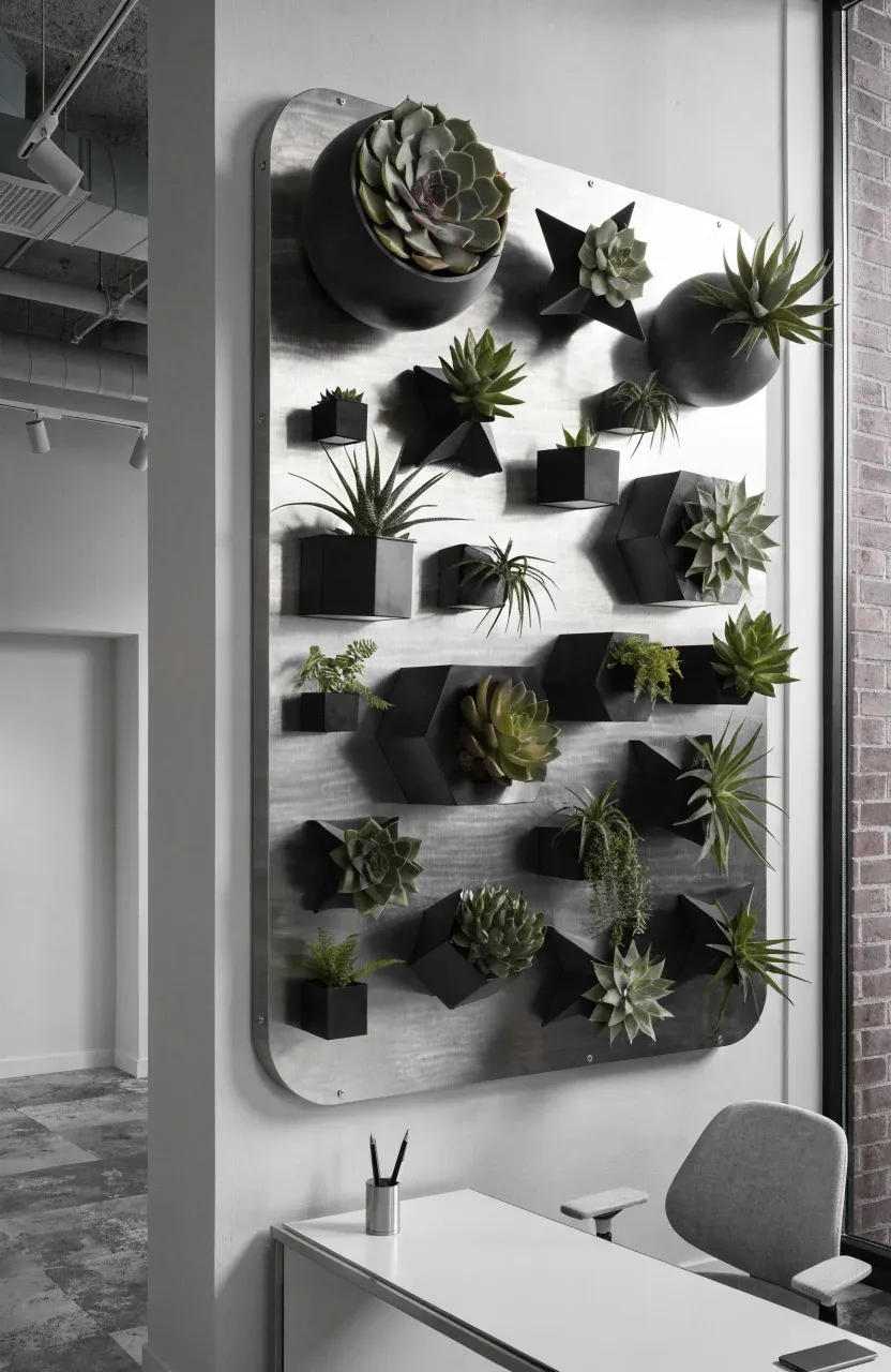 Small black magnetic planters with artificial succulents arranged on a metal wall panel.