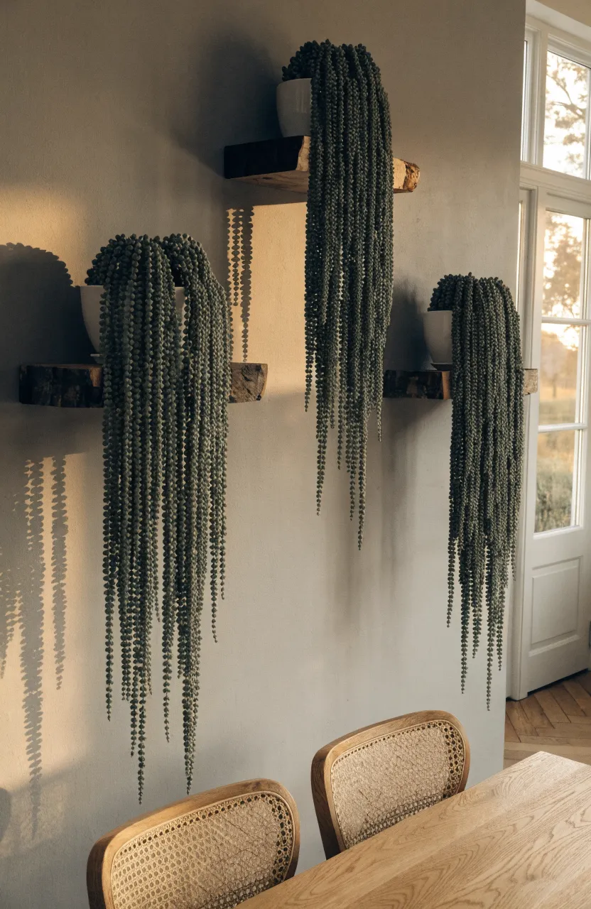 Artificial string of pearls plants cascading from staggered wooden floating shelves on a taupe wall.