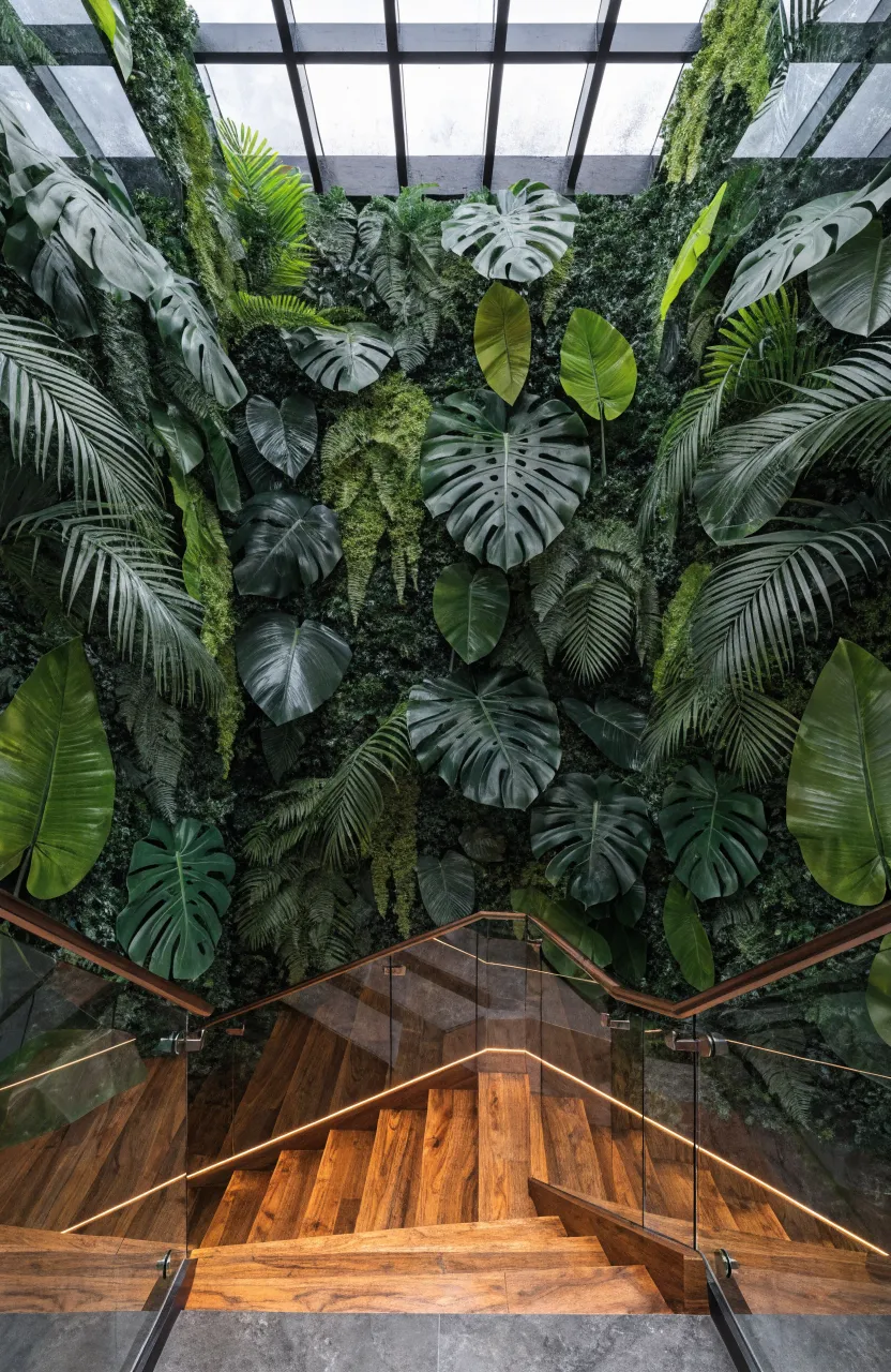 A large indoor staircase wall decorated with a variety of artificial tropical monstera and palm leaves.
