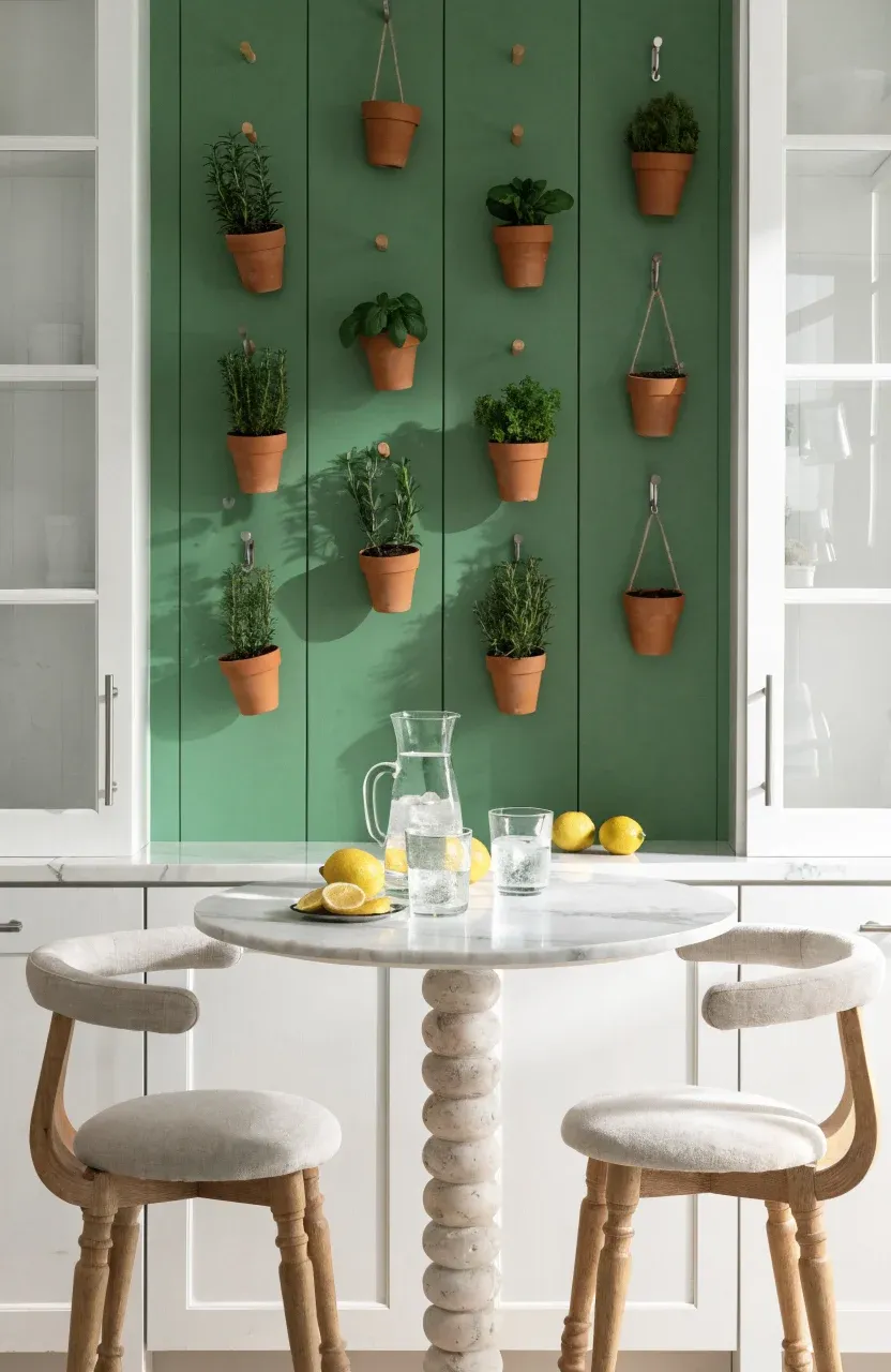 A sage green pegboard holding small pots of artificial herbs like basil and rosemary in a kitchen.