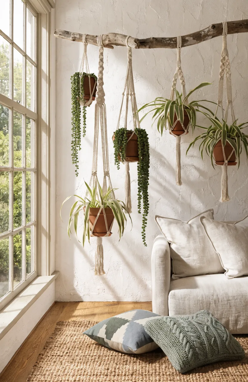 Macramé plant hangers suspended from a driftwood branch on a white wall in a boho living room.