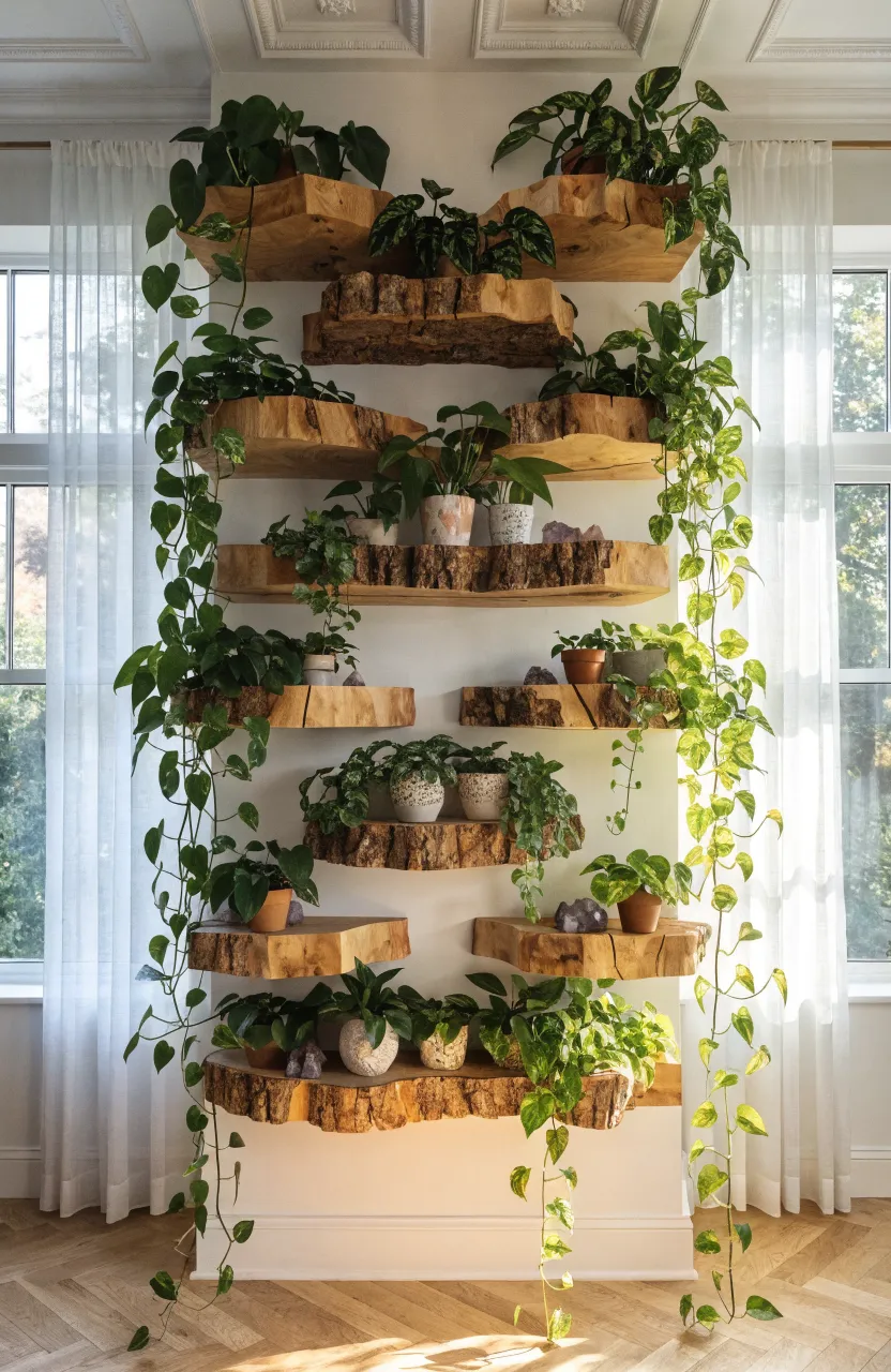 Staggered raw wood floating shelves with long trailing ivy and pothos vines on a white wall.