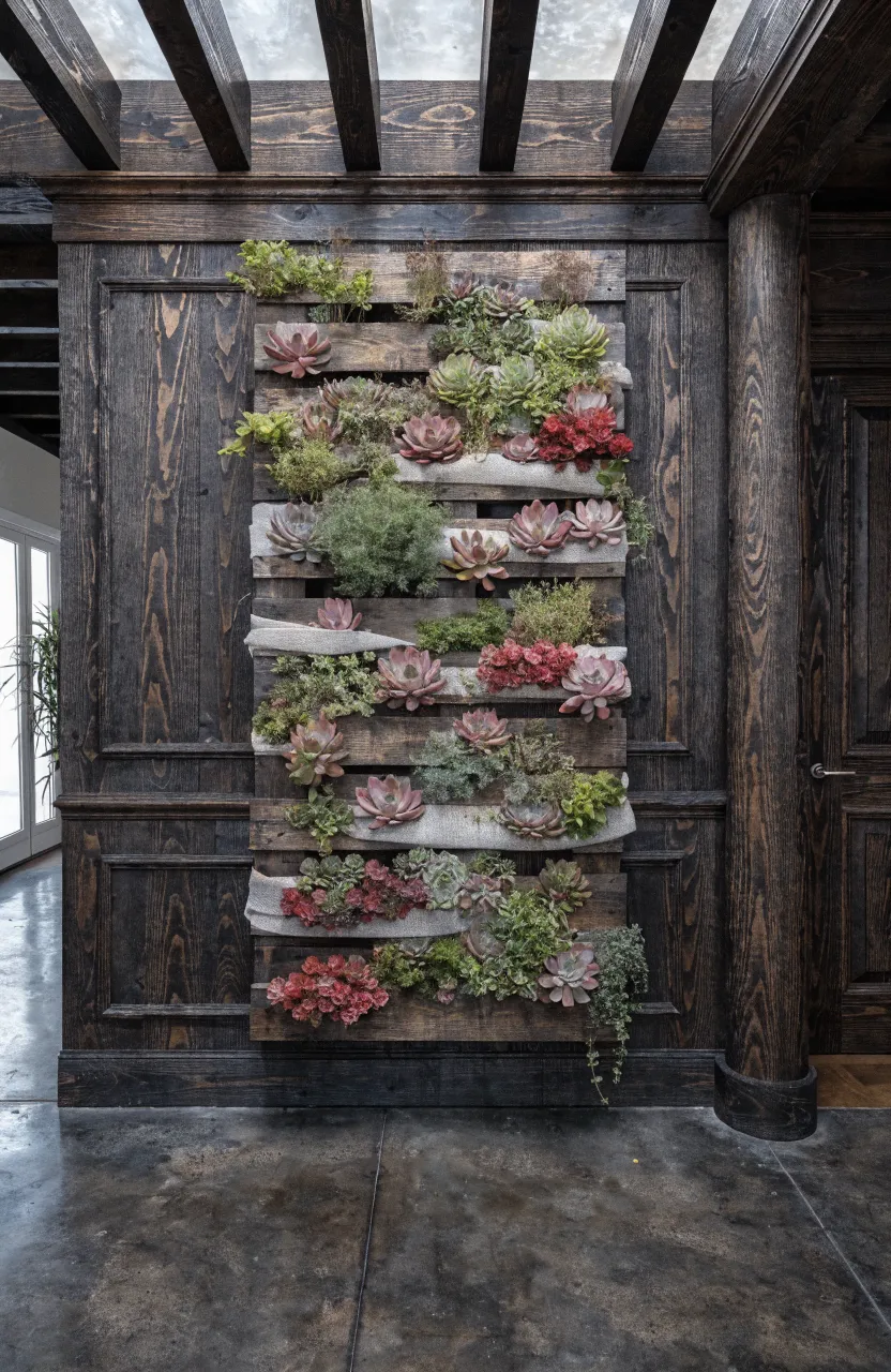A dark wood pallet repurposed as a vertical wall planter filled with various succulents.
