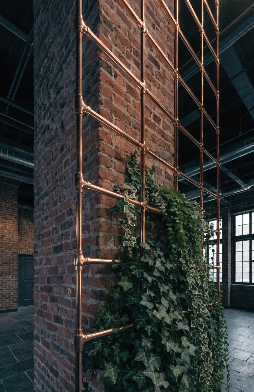 A geometric copper pipe trellis with climbing ivy mounted on an exposed brick wall.