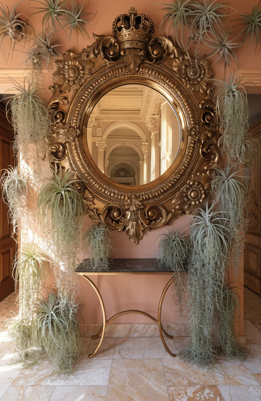 An ornate brass mirror on a terracotta wall surrounded by floating Tillandsia air plants.