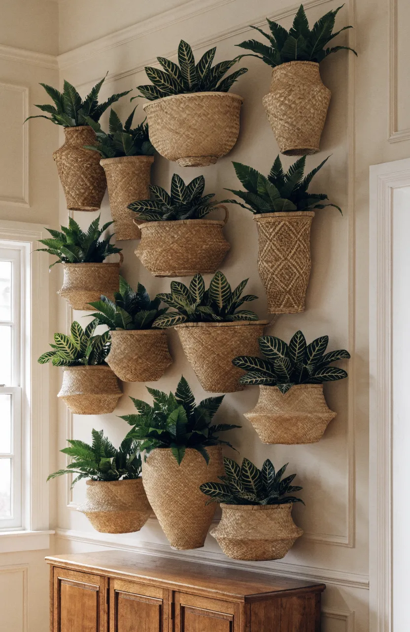 Woven seagrass baskets used as wall-mounted planters for lush green ferns and calathea.
