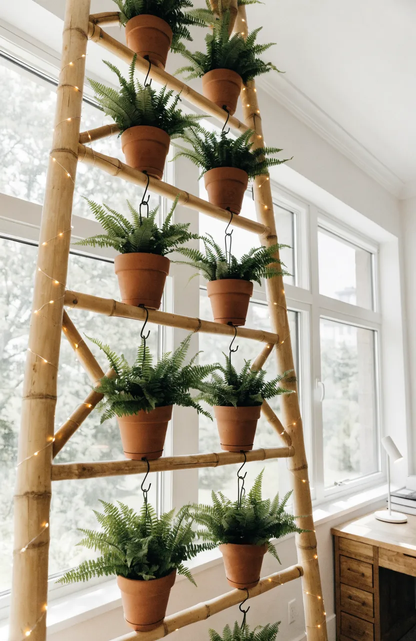 A floor-to-ceiling bamboo ladder leaning against a wall with hanging pots of lush green ferns.