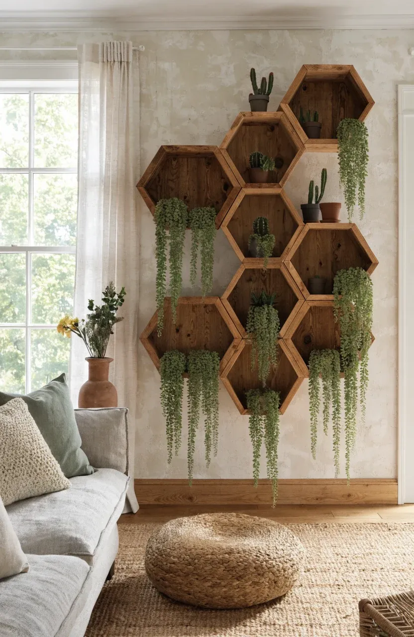 Hexagonal wooden shelves on a white wall filled with various small green succulents and cacti.
