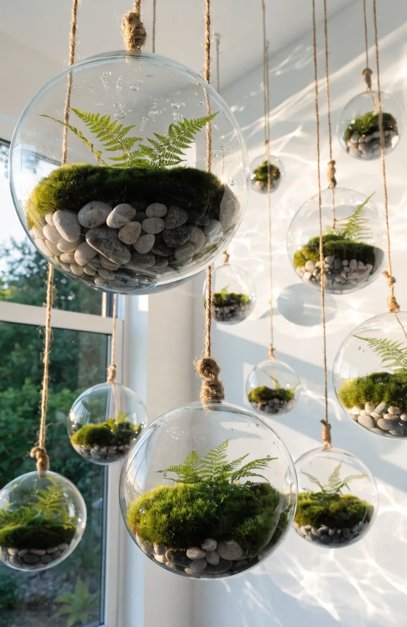 Glass globe terrariums with moss and ferns hanging by jute twine in a bright, sunlit room.