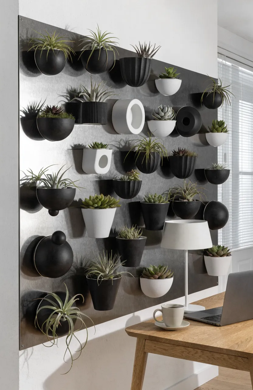 A dark metal magnetic board on an office wall featuring several small magnetic succulent pots.