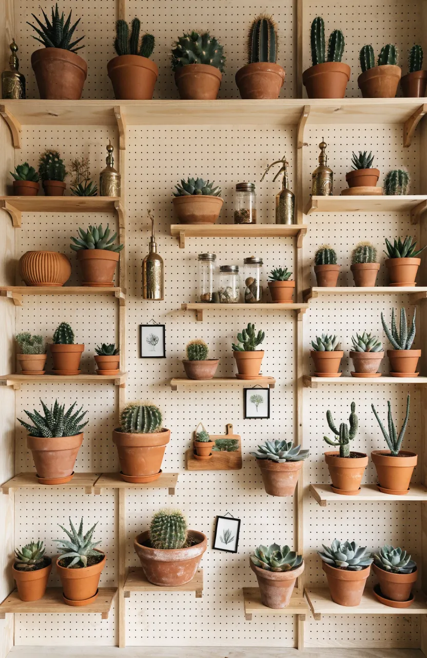 A large wooden pegboard wall with shelves holding terracotta pots and small succulents.