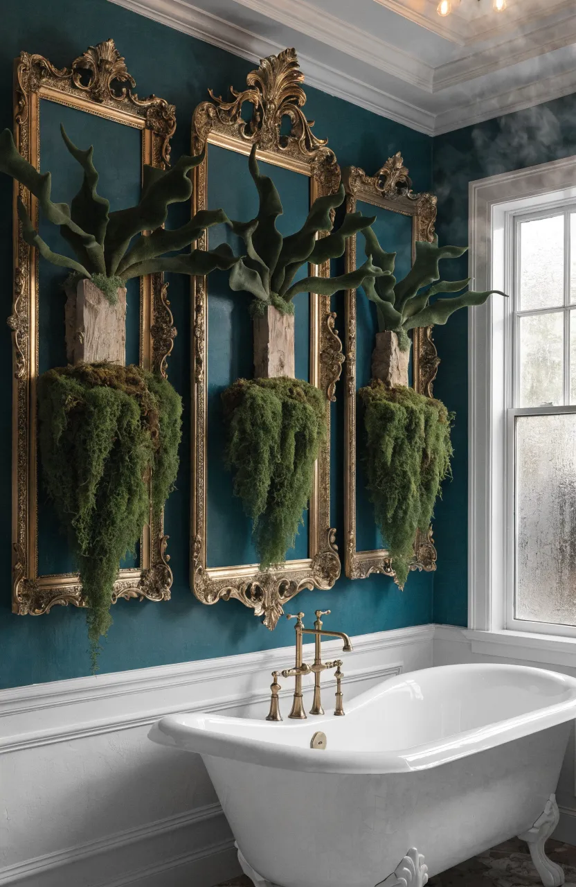 Ornate gold frames on a teal wall holding living staghorn ferns like pieces of art.