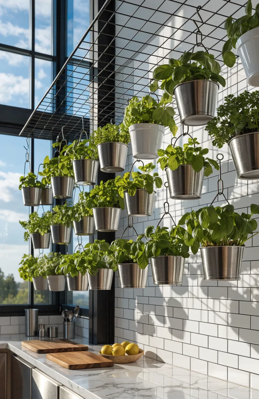 A black wire grid on a kitchen wall with small pots of fresh basil and mint hanging from hooks.