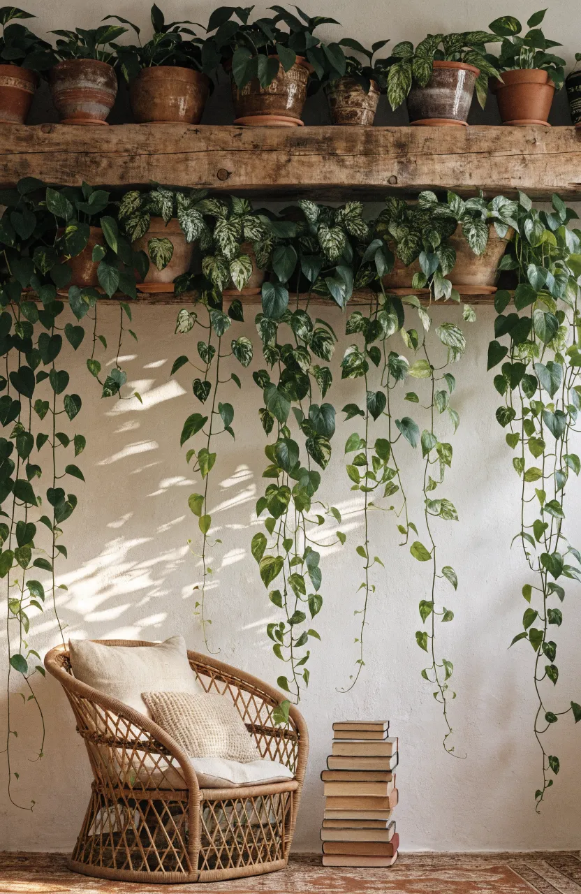 A rustic wooden mantle on a wall with long green pothos vines hanging down like a curtain.