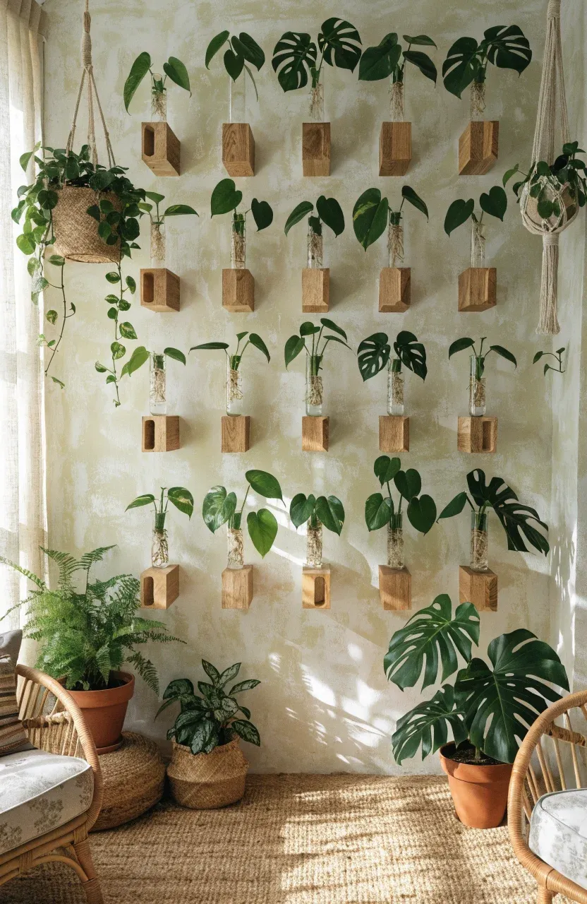 A lush indoor plant wall with wooden blocks holding glass propagation tubes and green cuttings.