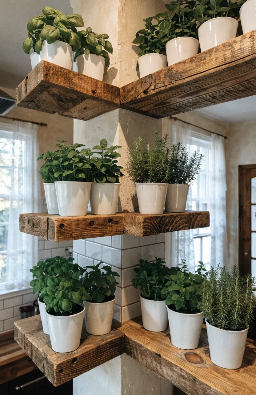 Weathered wood floating shelves with potted herbs on a farmhouse kitchen wall.