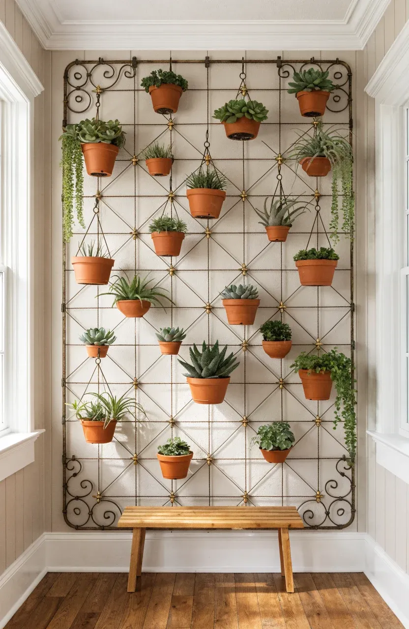 A black metal grid holding terracotta pots with succulents against a shiplap wall.