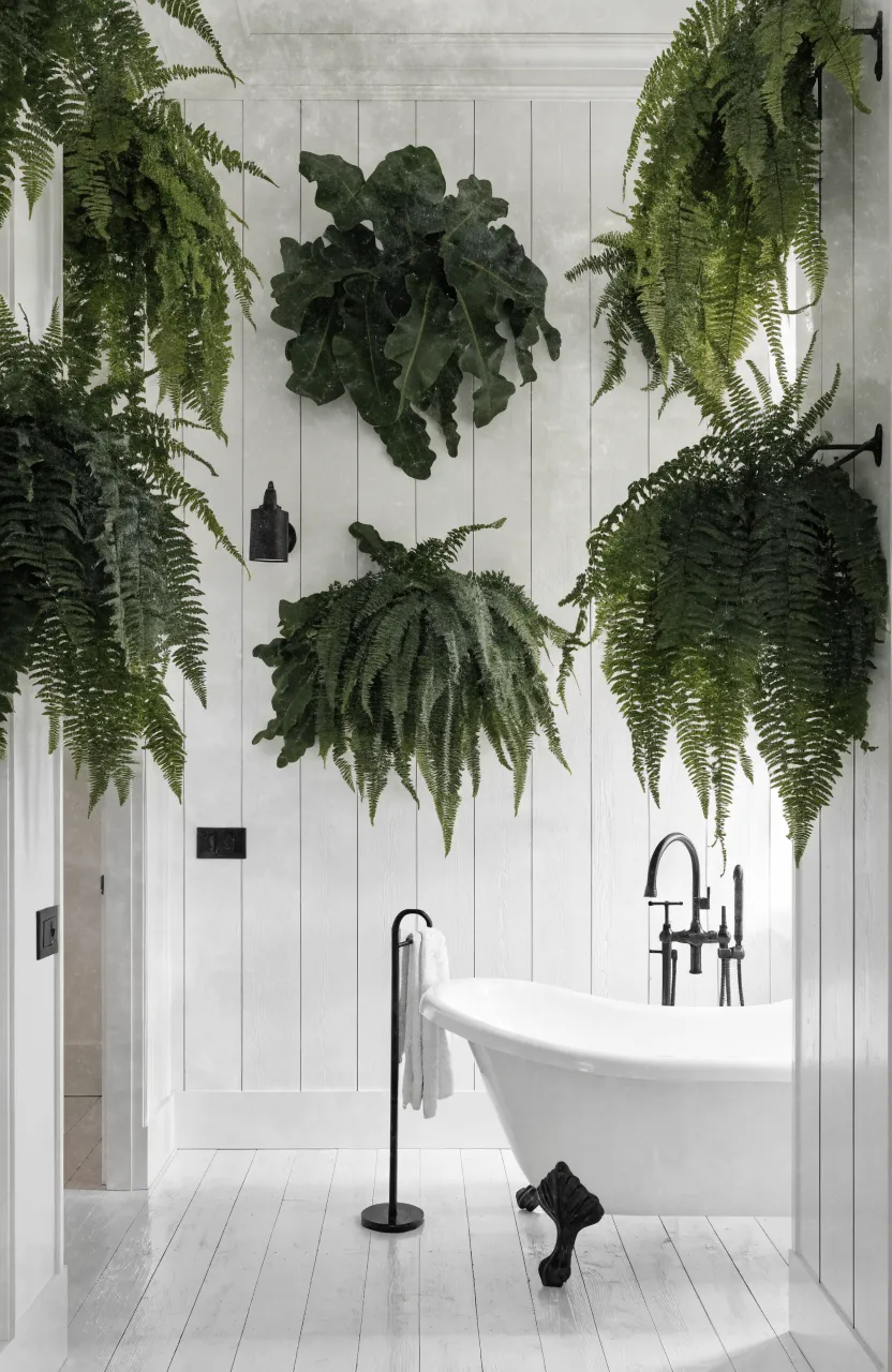 Lush green ferns mounted on a white vertical shiplap wall in a bright bathroom.