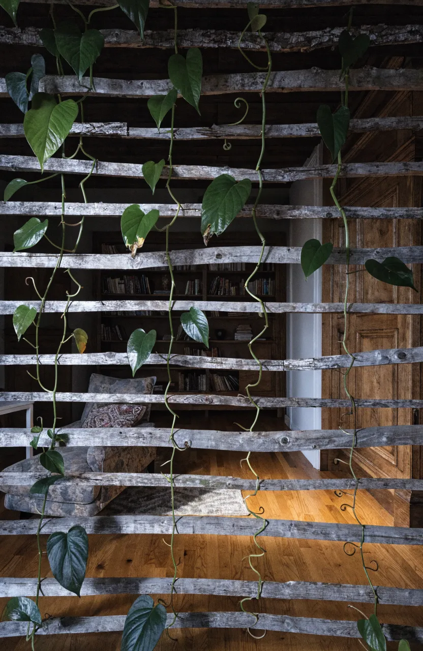 Trailing vines growing across a wall made of horizontal reclaimed wood slats.