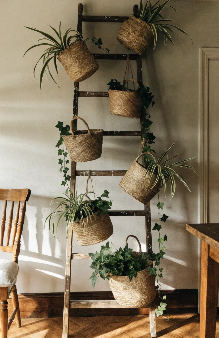A vintage wooden ladder leaning against a wall with woven baskets holding plants.