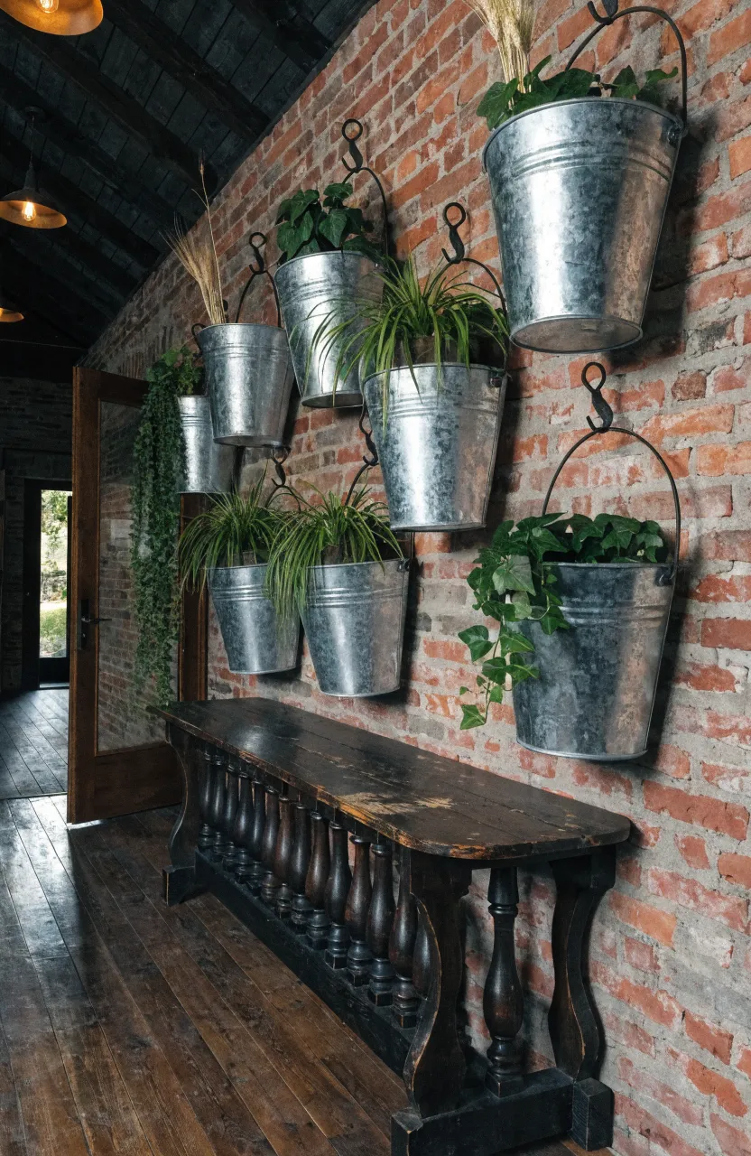 Galvanized steel buckets used as wall planters on an exposed brick entryway wall.