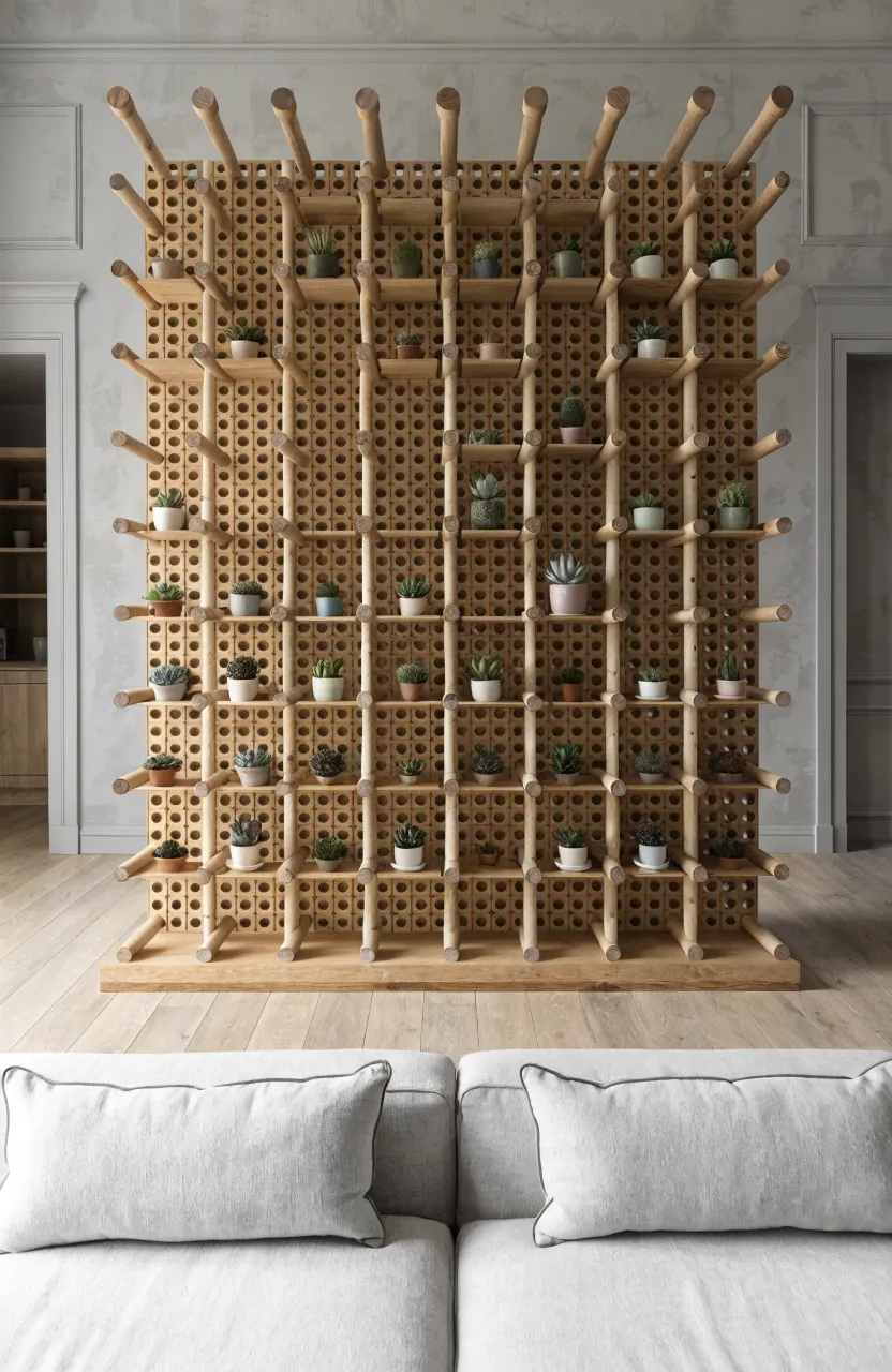 A modern wooden pegboard with shelves holding various small succulents.