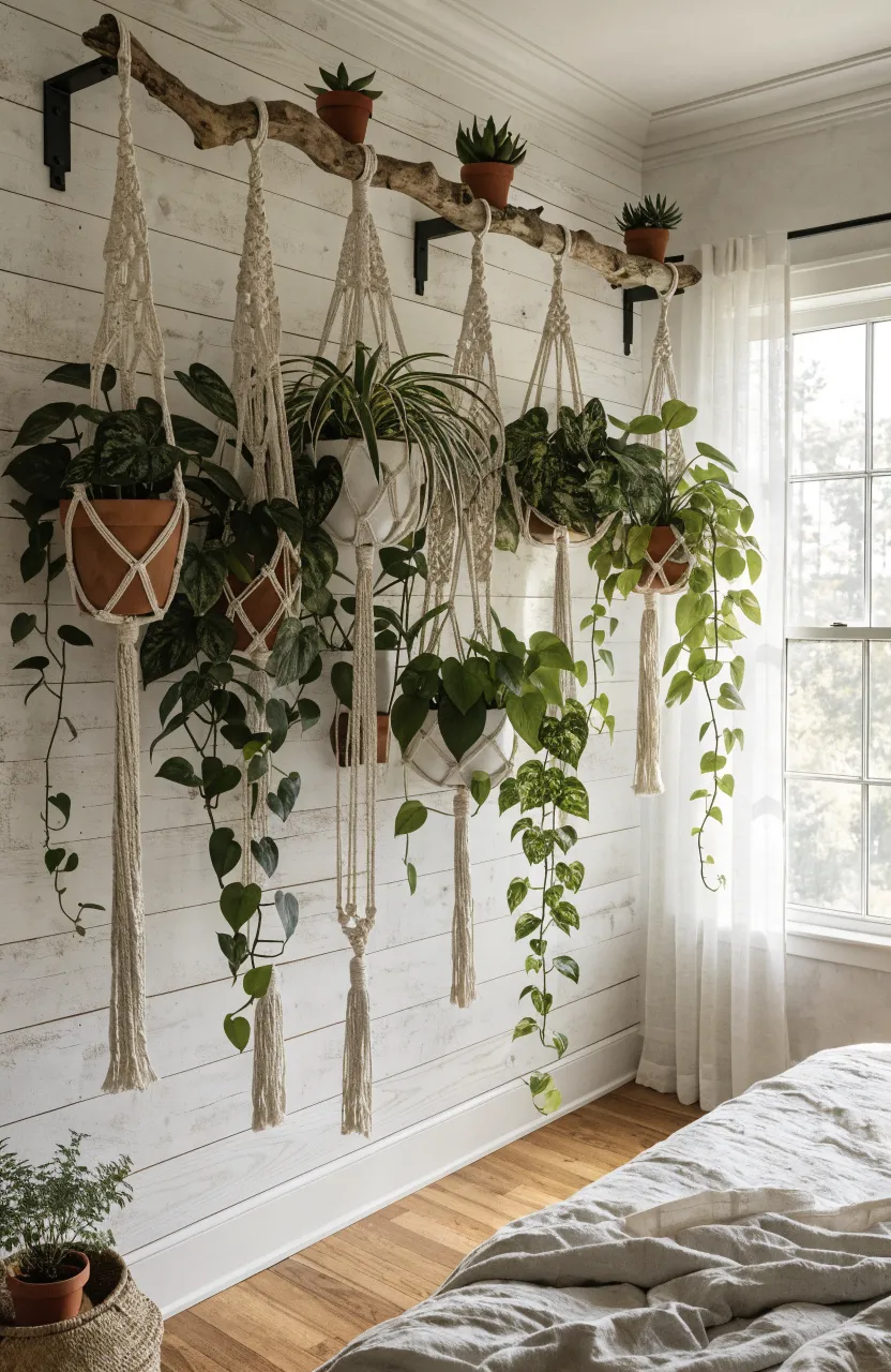 A farmhouse wall with a natural branch holding several white macrame plant hangers with green trailing vines.