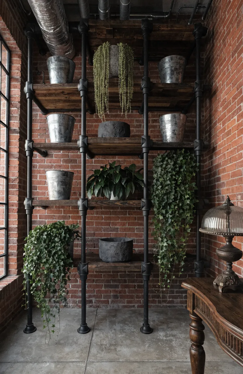 Black industrial pipe shelves on a brick wall with long green ivy plants cascading down the sides.