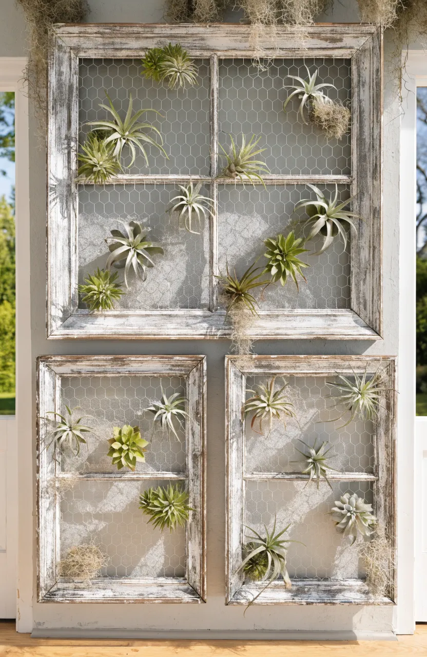Vintage white window frames with chicken wire holding various silvery-green air plants against a neutral wall.